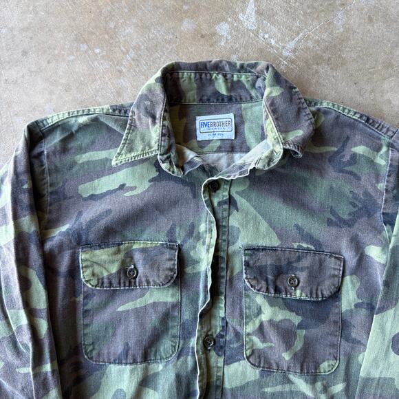 VINTAGE 80S 90S FIVE BROTHER CAMO BUTTON UP SHIRT GREEN OUTDOORS MENS MEDIUM - Picture 2 of 5